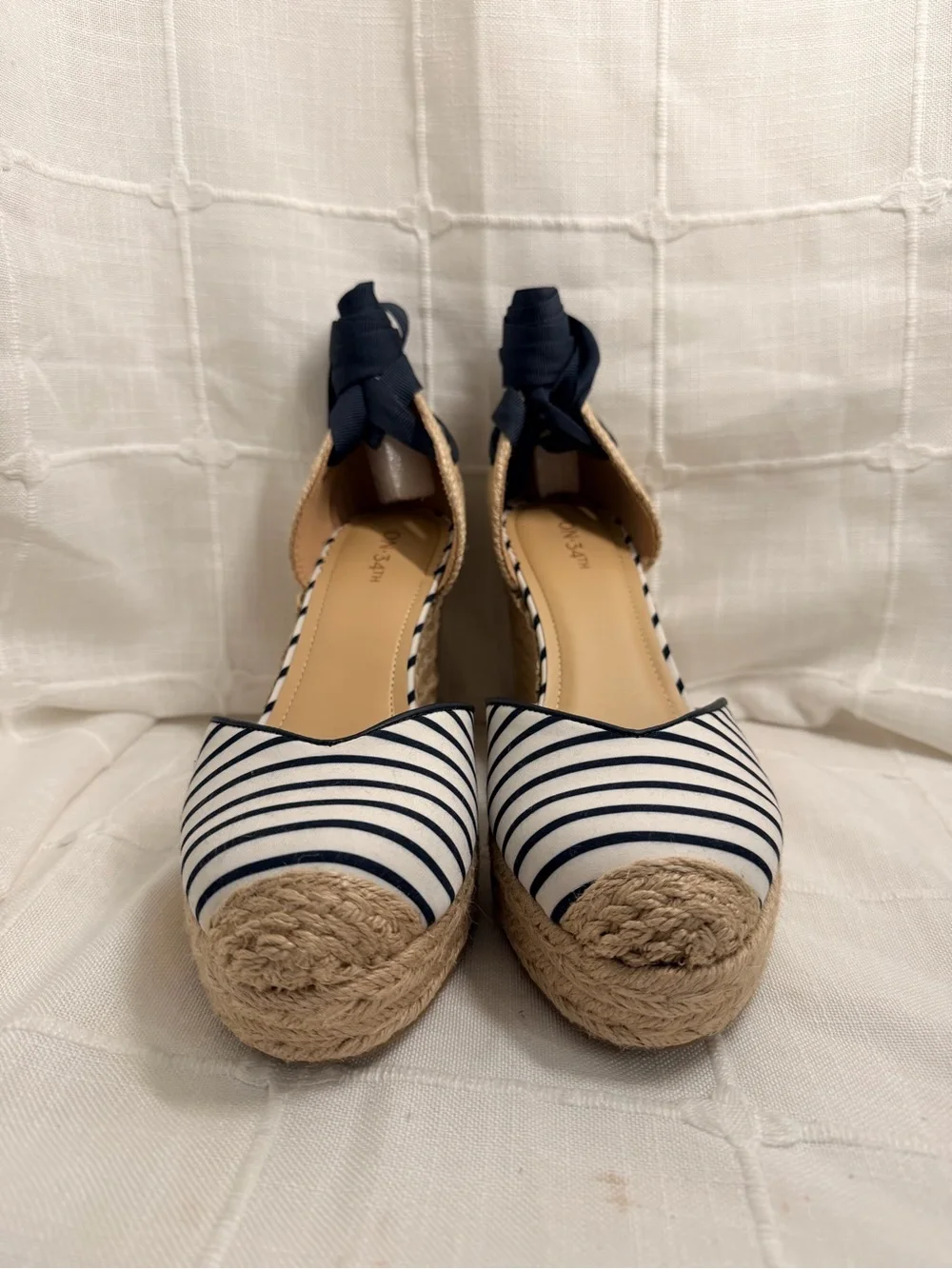 On 34th Melindaa Navy Stripe Espadrille Wedges Size 11M New